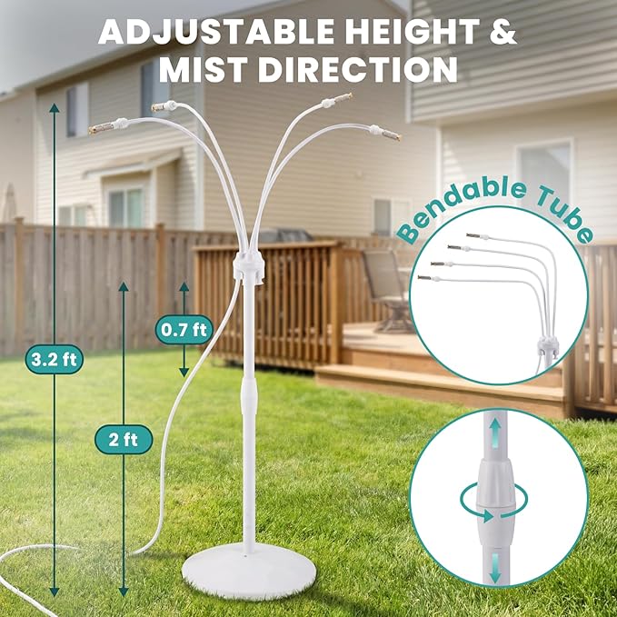 HOMENOTE Standing Misting Cooling System with Fillable Base, 26.2FT Water Line, Adjustable Height Standing Mister for Outside Patio Cooling, Pool Tanning, Garden Greenhouse Watering (White)
