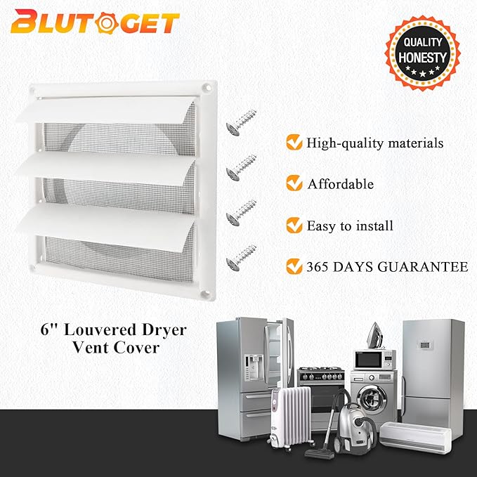 Blutoget 6" Louvered exhaust Vent Cover 8" x 8" Oversize dryer outlet cover for Exterior Wall Vent Hood Outlet Airflow - 6 Inch Vent Cover Exterior with 4 Vent Screen Screw (White)