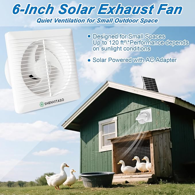 Solar Exhaust Fan with Power Adapter, 6 Inch Solar Powered Exhaust Ventilation Fan, Quiet Brushless Solar Vent Fan with 25W Solar Panel, Anti‑Backflow Valve for Chicken Coop, Shed, Greenhouse