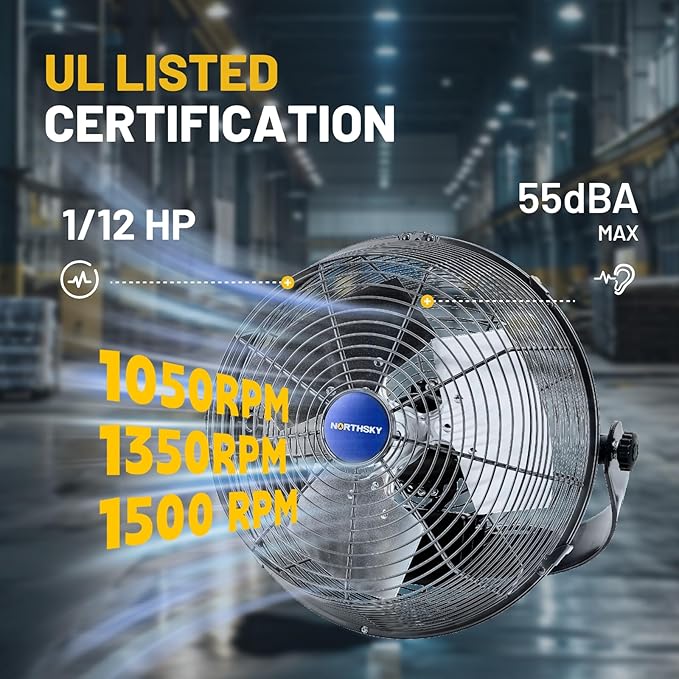NORTHSKY 12" High Velocity Wall Mount Fan, 3 Speeds, 2400 CFM Adjustable Industrial Wall Fan, 1/12 HP, 360° Head Hit, for Greenhouse, Workshop, Garage, Commercial Use, UL Listed