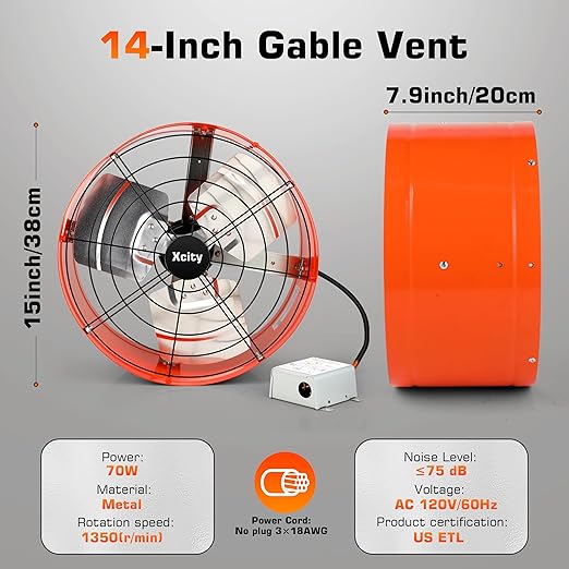 Xcity 14 inch Gable Mount Fan with Adjustable Thermostat, Heavy-Duty Vent Attic Fan, High Velocity 1600 CFM, 2400 sq.ft, Metal Exhaust Ventilator for Garage, Attic, Greenhouse