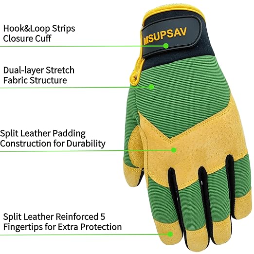 Utility Outdoor Safety Work Gloves,Working Glove,Split Leahter with Padded Knuckles & Palm,Green+Yellow,Large