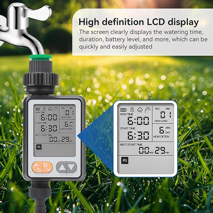 Sprinkler Timer, Outdoor Garden Hose Faucet Timer with 3in Display Rain Delay for Lawn Sprinkler and Nozzle Sprayer, 1 Outlet
