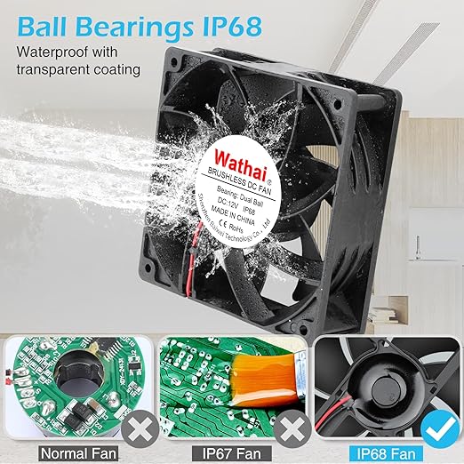 Wathai 120mm x 38mm 12V DC IP68 Waterproof Exhaust Fan, Dual Ball Bearing, 116 CFM, 3000 RPM, 6W, 2Pin for RV Refrigerator, Amplifier, Outdoor Equipment, Camper