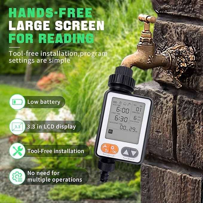 Water Timer for Garden Hose, 10 Programmable Sprinkler Timer with with Auto Rain Delay, IP54 Waterproof 3.3“ Large LCD Drip Irrigation System Timers for Plant, Yard, Lawns, Outdoor