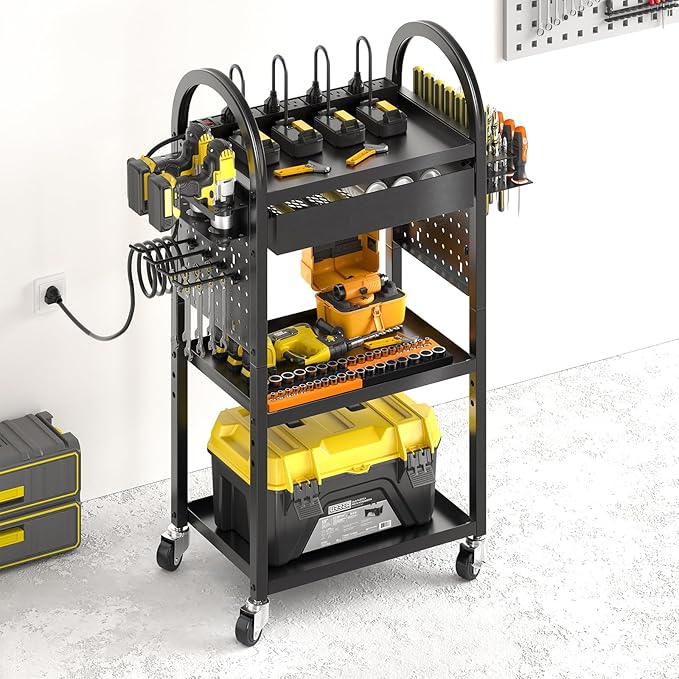 Warome Power Tool Organizer Cart, Dual-Sided Drawer Tool Storage Rack on Wheels with 8-Outlet Charging Station & Pegboard Accessaries, Utility Rolling Cart for Garage Workshop Organizers and Storage
