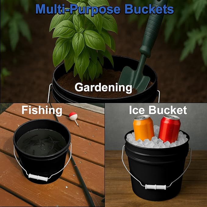 MKS Plastics 1-Gallon Bucket with Airtight Lid – Made in USA, Food Grade BPA Free Plastic, Heavy Duty Multi-Use, Metal Handle with Grip, Stackable Storage – Black, 1 Pack