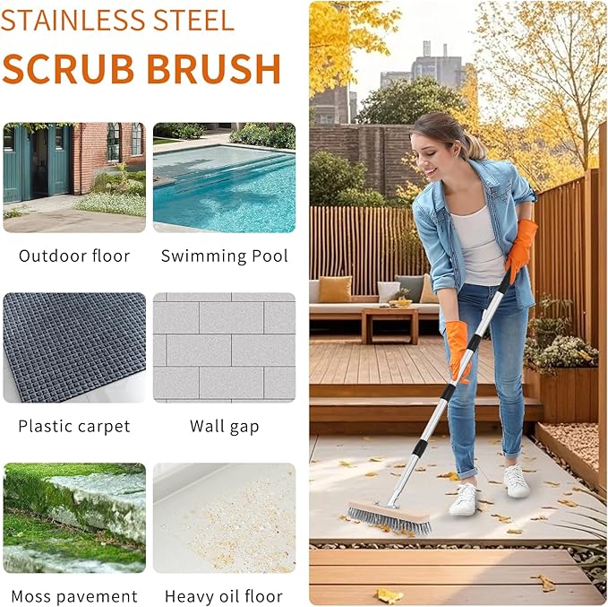 Stainless Steel Wire Scrub Brush with Long Handle, Moss Remover Wire Broom for Deck, Rough Surface, Concrete Floor, Patio, Garden, Garage (Silvery)