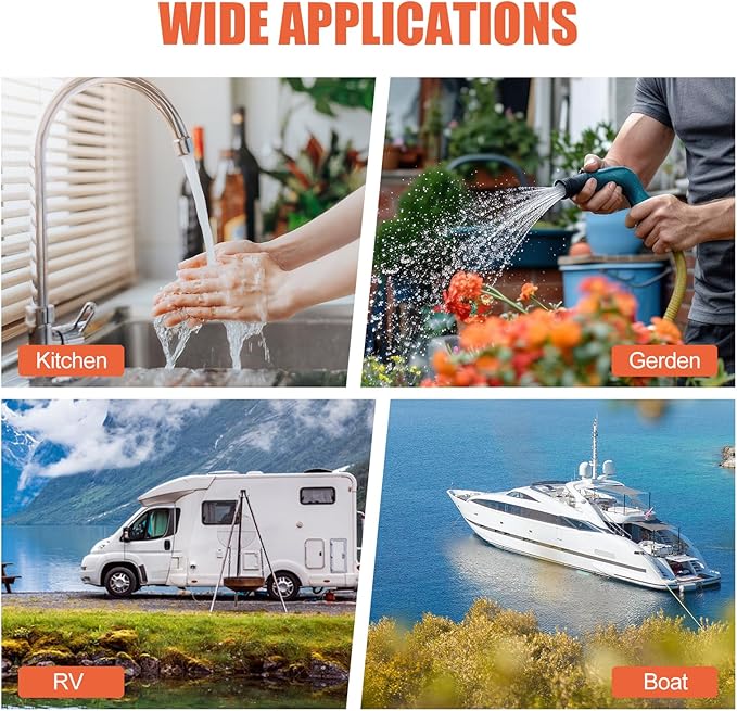 Four Chambers On Demand 110V Water Pressure Pump 5.5GPM 70PSI,Self Priming RV Fresh Water Diaphragm Pump Included Garden Hose for Home Industrial Irrigation Sprinkler