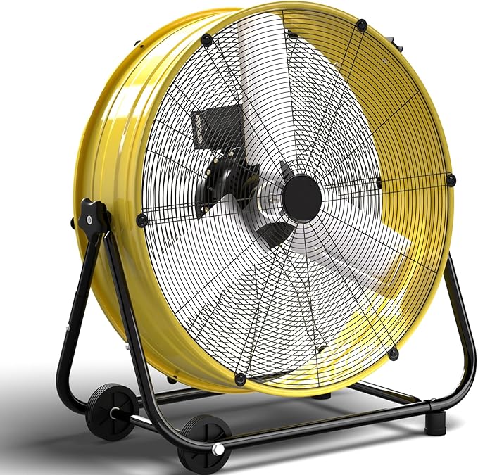 24 Inch Industrial Drum Fan, 8800 CFM High Velocity floor Fan, Heavy Duty, 3-Speed, 360° Fully Adjustable Tilt, Portable Wheels & Handle for Commercial, Warehouse, Garage, Workshop, Gym-ETL Certified