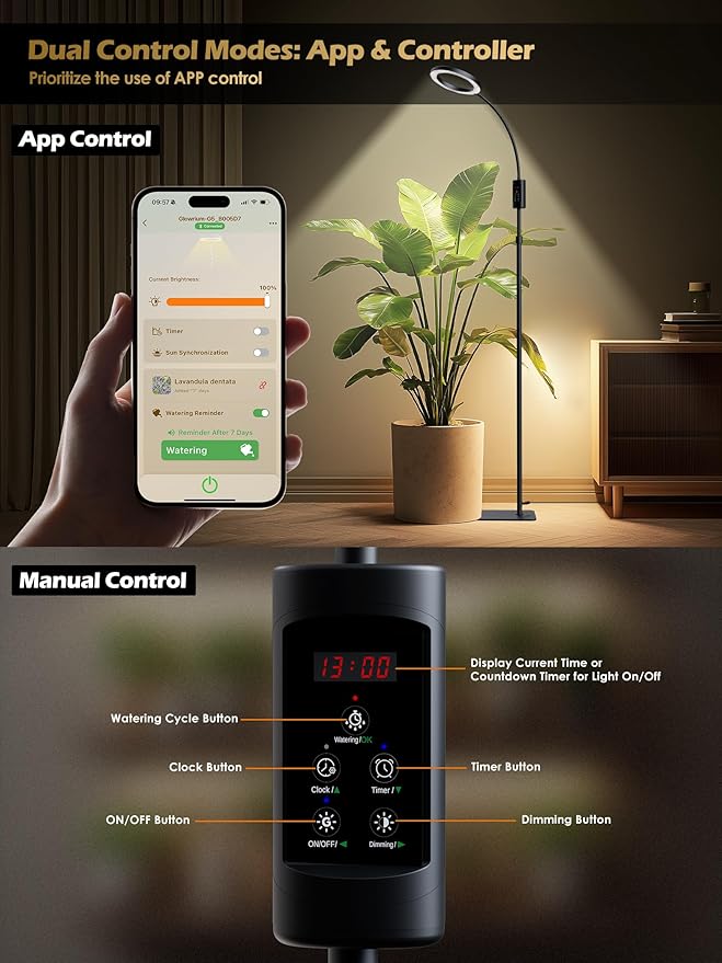 Smart Grow Lights for Indoor Plants, 24W Plant Light with Auto-Timer, Full Spectrum LED Grow Light, Adjustable Height & Stepless Dimming,Plant Assistant Suitable for Most Plants (Black)