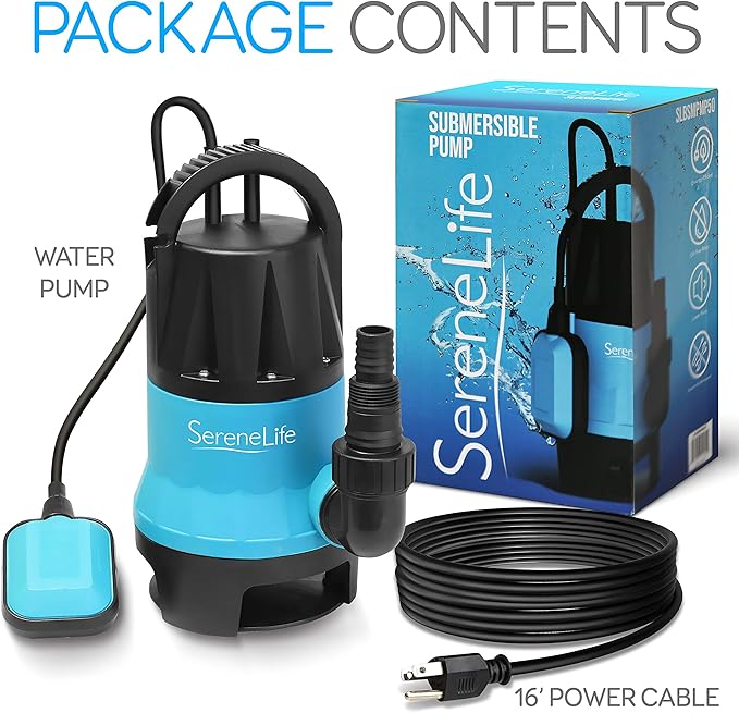 SereneLife 400W Submersible Pump Clean Dirty Water Powerful Utility Sump Pump Auto Float Switch,16 ft. Cord, Basement, Yard, Swimming Pool, Pond, Flooded Area, Garden or Flat Hose
