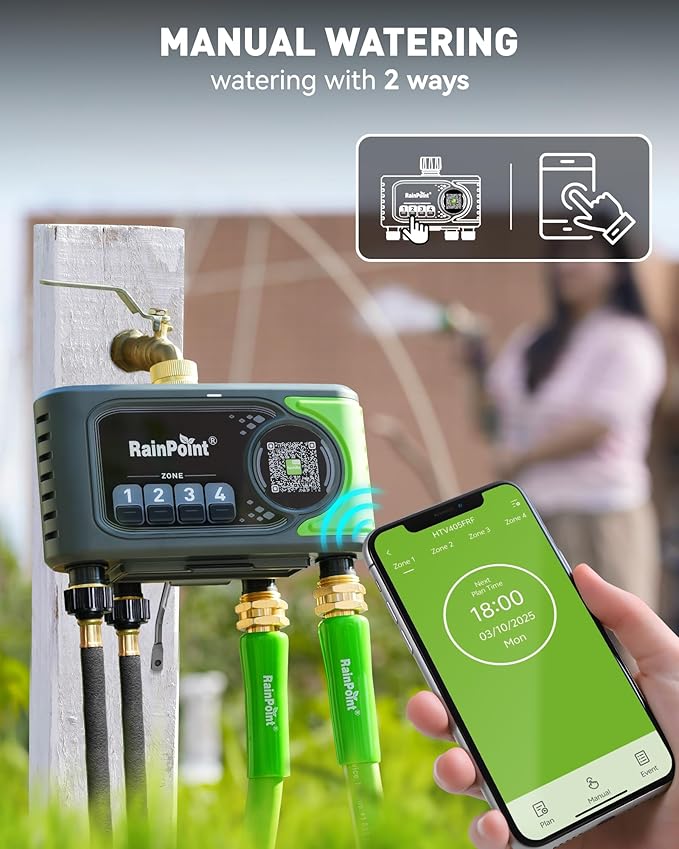 RAINPOINT WiFi Sprinkler Timer 4 Zone, Outdoor Smart Water Timer for Garden Hose with Brass Inlet&Outlet, Custom Programs via APP/Voice Control for Automatic Watering System Without Hub