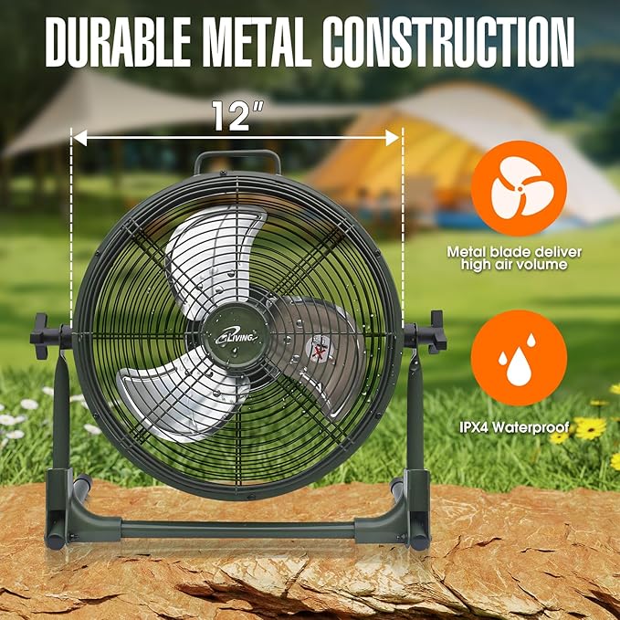 iLiving 12" Rechargeable Battery Operated Camping Floor Fan, High Velocity Portable Outdoor Fan with Metal Blade, With Built-in Lithium Battery for Whole Day Usage, 12 Inches, Military Green