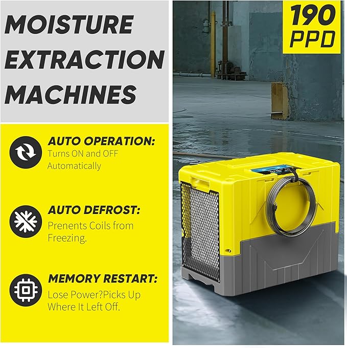 190 Pints High Efficiency Commercial Dehumidifier for Basements-6000 Sq.Ft. Industrial Grade Dehumidifiers with Pump & Drain Hose for Crawl Spaces Water Damage Restoration-Light Yellow-2PC