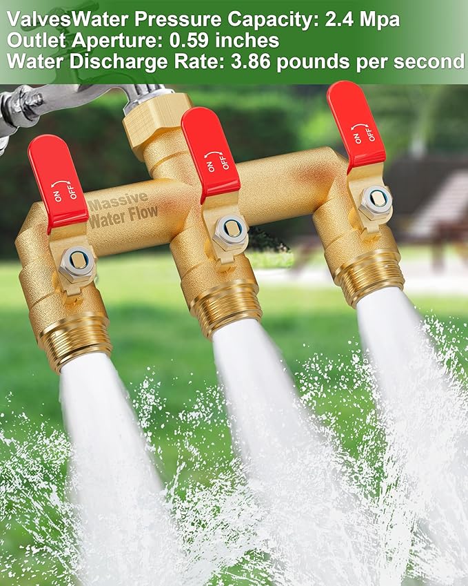 3 Way Hose Splitter, Heavy Duty Full Flow Garden Water Hose Bib Spigot Splitter, Brass Rust and Freeze Resistant Outdoor Faucet Splitter, T Adapter Connector with 3/4 - Inch GHT Thread （Red）