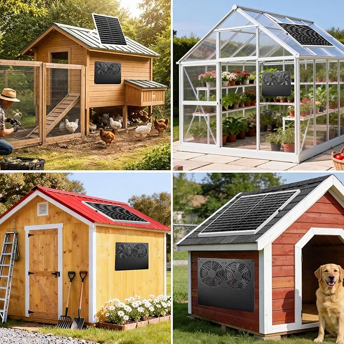 Metal Solar Dual Fan with Battery Day & Night Work Fans, 25W Solar Exhaust Fan for Chicken Coop with 18000mAh Battery, Outdoor Waterproof Greenhouse Solar Powered Fan for Shed, Pet Houses, Ventilation