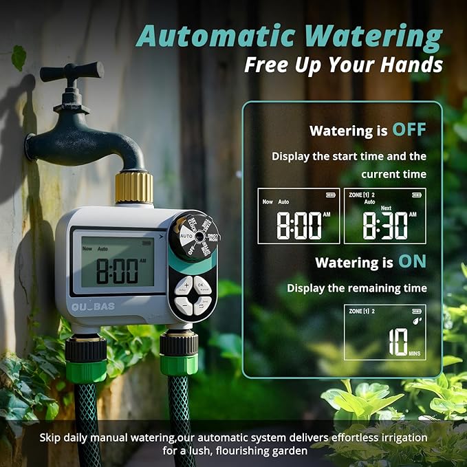 QUOBAS Brass Sprinkler Timer 2 Pack, Programmable Water Hose Timer for Garden Hose Faucet with Waterproof LCD Screen, Rain Delay/Manual/Automatic Irrigation Watering System for Garden, Lawn, Yard