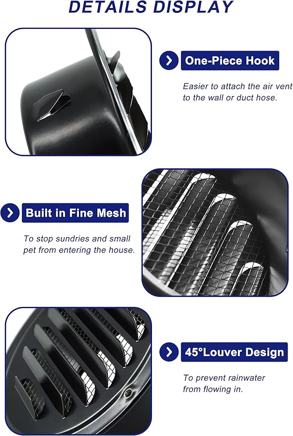 6 Inch Stainless Steel Round Air Vent Covers,LouanXpert Black Soffit Vent Covers Louvered Grille Wall Vent with Built-in Fine Mesh for Garage,House, Flat, Garage (150mm - 2PCS)