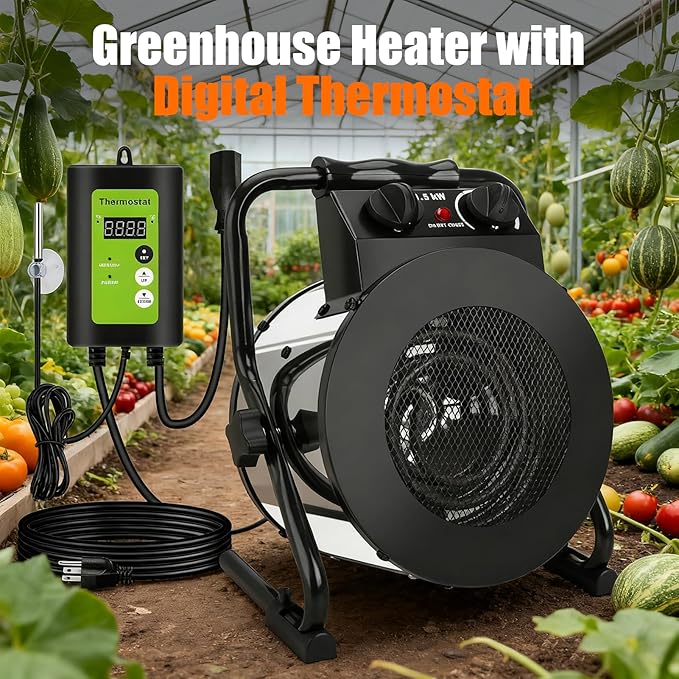 Greenhouse Heater with Thermostat, 1500W Outdoor Heaters for Patio, Fast Heating, Overheat Protection, Electric Space Heaters for Greenhouse, Grow Tent, Patio, Garage, Indoor（Silver）