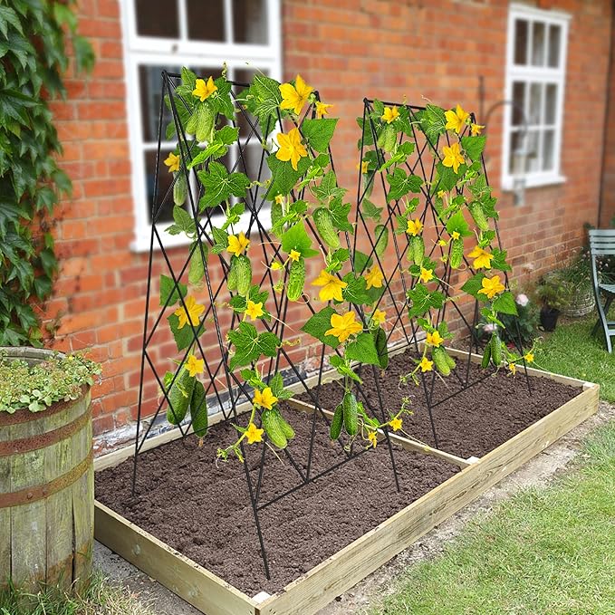 DoCred Cucumber Trellis, 2 Pack Metal Foldable A Frame Garden Trellis for Raised Bed Climbing Plants, Vegetables, Includes Plant Support Clips, Twist Ties, Plastic Ties, A Frame Trellis, Black