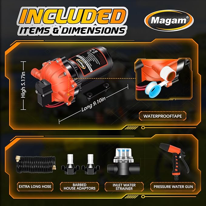 12V Washdown Pump Kit with 7.5 GPM & 80 PSI,RV Fresh Water Pump,Five Chamber Self-Priming Diaphragm Pump with Heavy Duty Pressure Switch,Nozzle & Filter – Ideal for Boats, RVs, Yachts & Campers