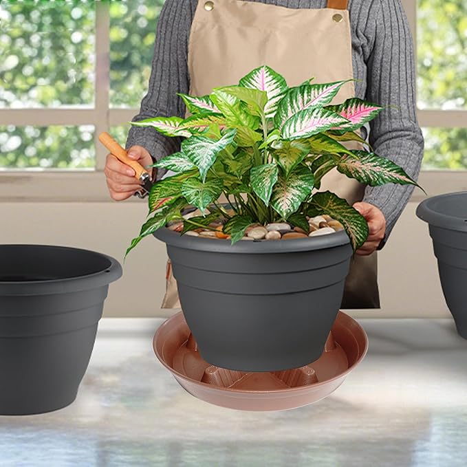 4 Pack Plant Saucer 14 inch, Plastic Plant Saucers for Indoors, Raised Middle Plant Trays for Pots, Water Tray for Plants, Plant Stand Water Catcher Tray, Pot Saucers for Plants