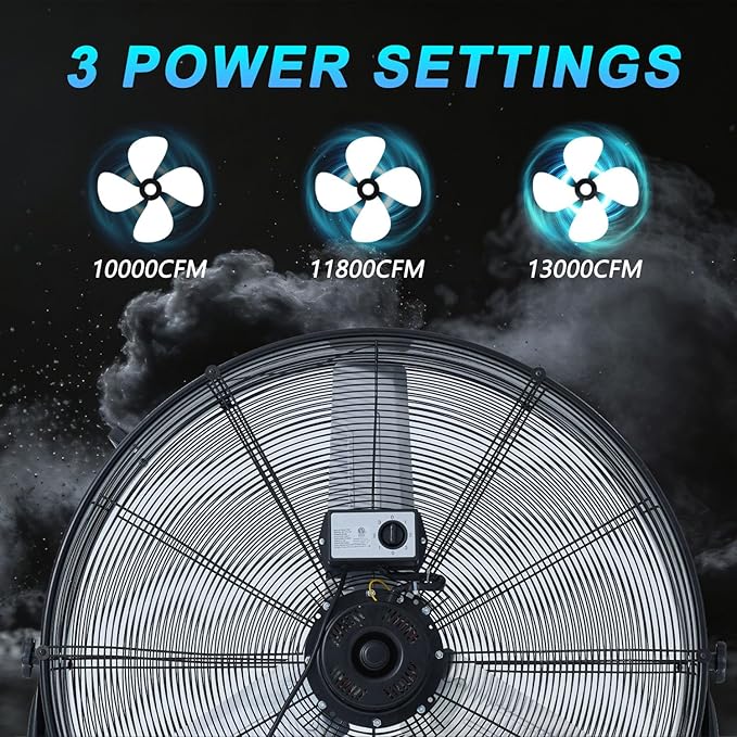 WARMLREC Industrial Fan 30 Inch Heavy Duty Drum 3 Speed 13000CFM Air Circulation High Velocity Fan For Warehouse, Workshop, Factory, Commercial, Residential and Greenhouse Black