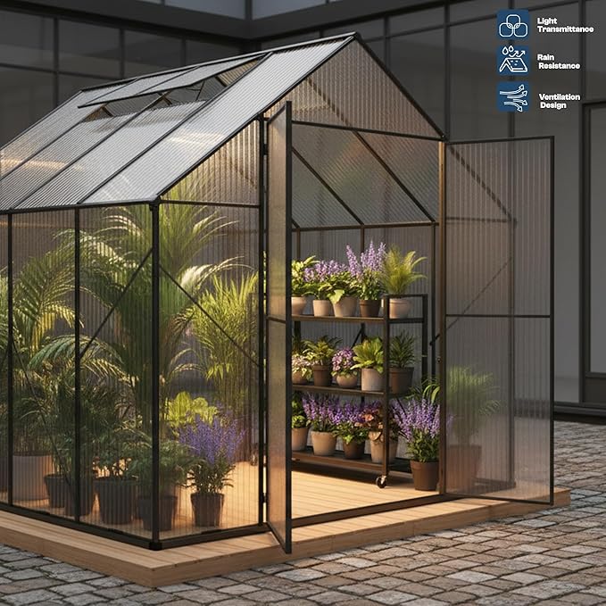 Kingdura 8x8ft Walk-in Greenhouse for Outdoors, Large Polycarbonate Greenhouses with Heavy Duty Aluminum Frame, Adjustable Roof Vent, Lockable Door, UV Protection for Outside Garden Backyard