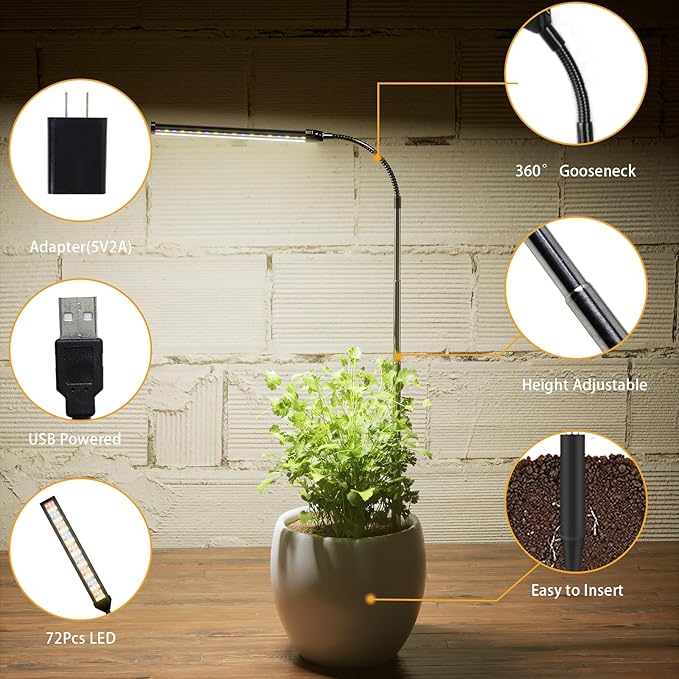 Grow Light for Indoor Plants Growing, 6000K Full Spectrum Gooseneck Plant Lamp for Seedings Succulents Small Plants, 5 Dimming & 4/8/12/18H Timer, 2 Pack