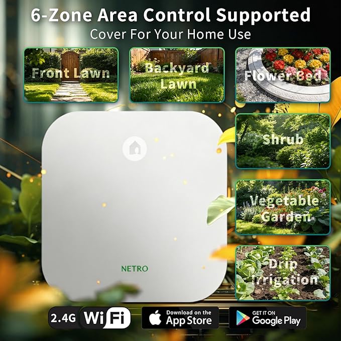 Netro Smart Sprinkler Controller 6 Zones Sprinkler Timer App-Based Irrigation Controller for Garden Lawn 2.4GHz WiFi Weather Service Plant Database APP Community Rain Skips Compatible with Alexa