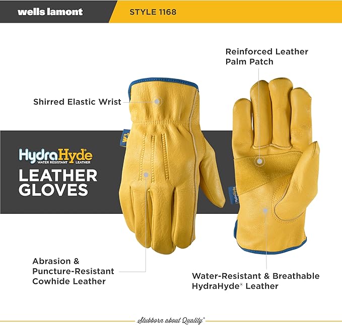 Wells Lamont Men's Slip-On HydraHyde Leather Work Gloves – Water-Resistant, Breathable, Durable – Ideal for Gardening, Landscaping, Ranching – Heavy Duty Leather Work Gloves – Saddletan, Large