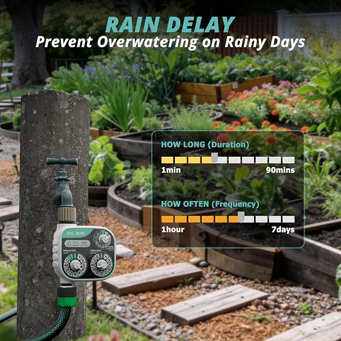 QUOBAS Mechanical Dial Hose Timer, Waterproof Sprinkler Timer with Rain Delay/Auto/Manual Modes for Drip Irrigation System, Pool, Lawn, Durable Metal Fittings, Easy Set 3-Dial Program, Battery Powered