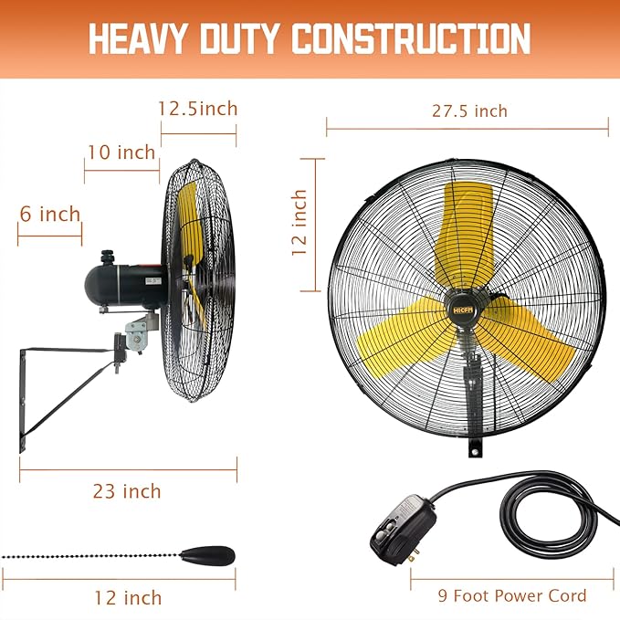 HiCFM 2 Pack 24" Oscillating Wall Fan, 8900 CFM High Velocity Industrial Wall Mounted Heavy Duty Shop Fans with 3 Speed 80° Oscillation for Outdoor Commercial Garage Warehouse workshops Factory