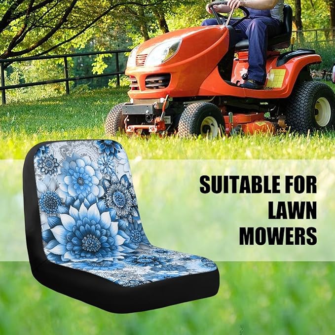 Blue Bright Boho Flower Universal Riding Lawn Mower Seat Cover, Waterproof Seat Protector Cover Fits Tractor Seat Backrests Without Armrests