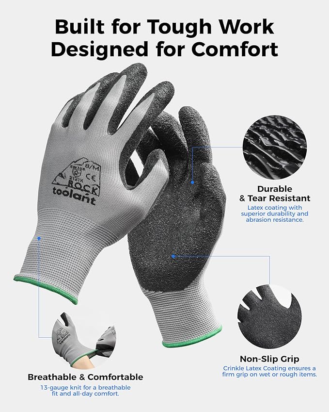 toolant Crinkle Latex Work Gloves Bulk, Rubber Coated Safety Work Gloves for Men and Women, 60 Pairs for Construction, Gardening, Warehouse (Gray, XL)