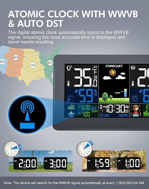 Weather Station Wireless Indoor Outdoor, Digital Thermometer with Remote Sensor, Large Display Home Weather Stations with Weather Forecast, Atomic Clock, Barometric Pressure, Moon Phase
