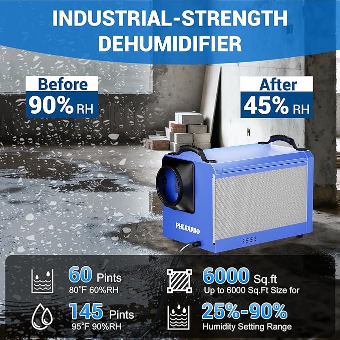 145 Pint Commercial Dehumidifier with Drain Hose for Crawl Spaces, Basements, Industry Water Damage Unit Restoration for up to 6000 Sq.Ft, Auto Defrost, Memory Starting, Blue(Gift Directional Wheels)