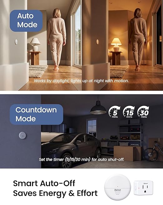 Zoiinet Wireless Motion Sensor Outlet, 15A/1500W, Adjustable Sensing Mode, 260FT Wireless Light Switch Transmitter, No Wiring, Long Time Delay, for Household Appliances