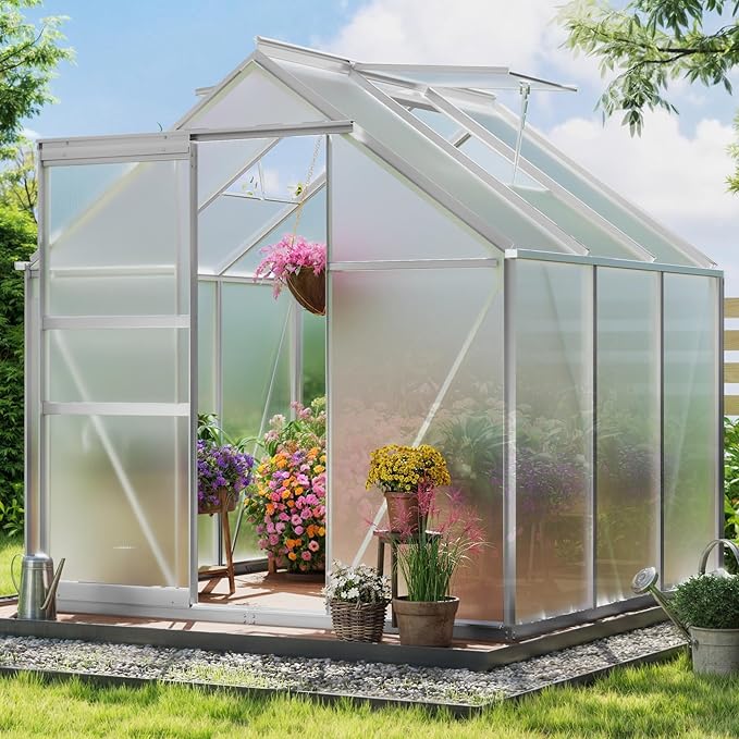 YITAHOME 6x6FT Polycarbonate Greenhouse Heavy Duty Green Houses Outdoor Greenhouses Aluminum Sliding Doors Vent Window Large Sun House for Garden Backyard, Silver