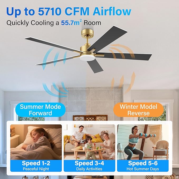 72" Large Smart Ceiling Fan with Lights Remote,Silent DC Motor,Control via Voice Alexa Google App,Outdoor Indoor Gold White Ceiling Fans for Large Modern Living Room Patio,Dimmable,5 Blades in Black