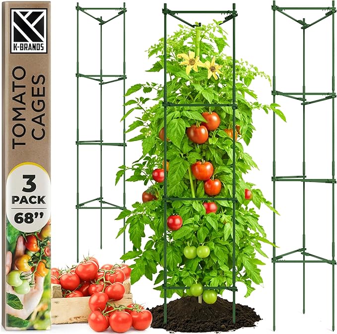 K-Brands Tomato Cage - Tomatoes Plant Stakes Support Cages, Trellis for Garden & Pots, Plant Support Structures for Vegetables and Climbing Plants (3 Pack - Tall Upto 68 inches)