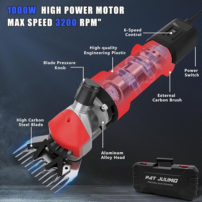 PAT JUUMG 1000W Sheep Shears Electric Farm Livestock Haircut with Blades Professional Animal Clippers 6 Speed Heavy Duty Electric for Thick Horses Sheep Alpacas Goats(Red)