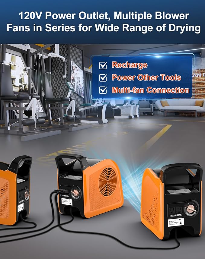 High Velocity Blower Fan - Air Mover for Drying, Cooling and Exhausting, Portable Floor Fans with 185° Rotation for Home Use or Job Site, Utility Fan with 3 Speeds, 2 Outlets, 355CFM, Orange