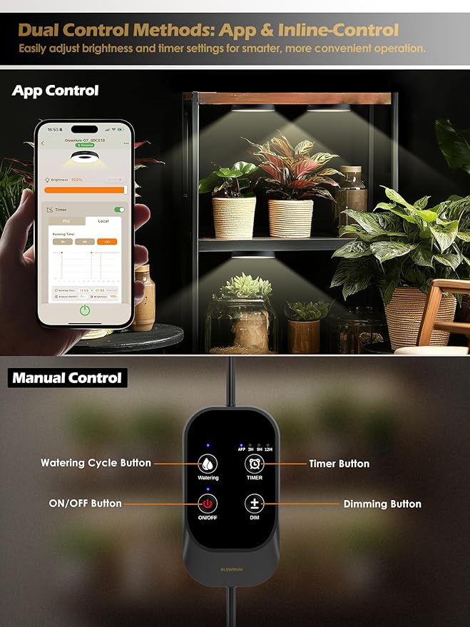 GLOWRIUM Grow Lights for Indoor Plants,48W Smart Full Spectrum LED Grow Light, Auto Timer and Stepless Dimming,Plant Assistant with Watering Reminder,Modular Design (Black, 6 PCS)