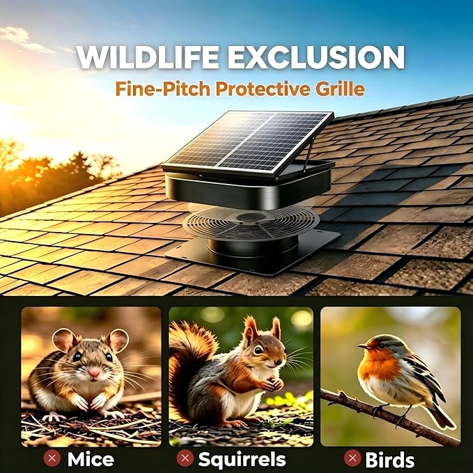 35W Solar Attic Fan with Thermostat, High-Efficiency Copper Motor Roof Vent, 24/7 Heavy-Duty Solar Powered Exhaust Fan for Home, Garage, Greenhouse & Shed, Cools up to 2800 sq.ft
