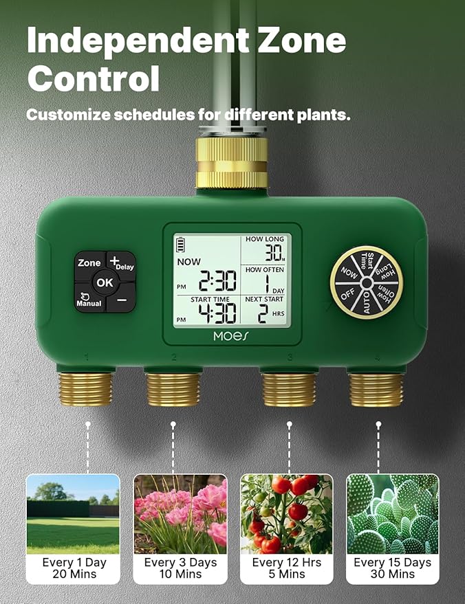 MOES 4 Zone Water Timer for Garden Hose, Heavy Duty Solid Brass Inlet & Outlets, Programmable Sprinkler Timer Battery Operated, 4 Way Faucet Valve with Sequential Watering (Non-WiFi)