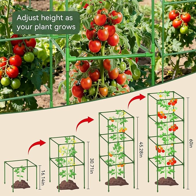 Halatool 2 Pack 60in Square Tomato Cages for Garden, Heavy Duty Adjustable Metal Tomato Trellis for Climbing Plants – Green Plant Support Stakes for Vegetables Flowers Fruits & Raised Bed Outdoor