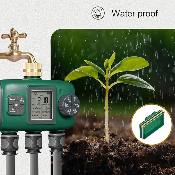 3 Outlet Sprinkler Timer Professional Grade Brass Construction LCD Display Irrigation Controller with Multiple Programs Child Lock Feature for Lawn Garden Yard Watering Sys