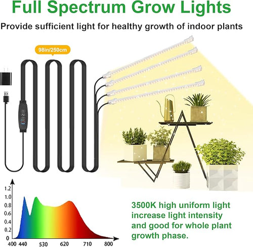 13 Inches Plant Growing Lamp Strips, Full Spectrum LED 3500K Grow Light for Indoor Plants with 3/9/12H Timer and 10 Dimmable Levels for Green House Hydroponics Succulent and Shelf, 4 Head 2 Pack